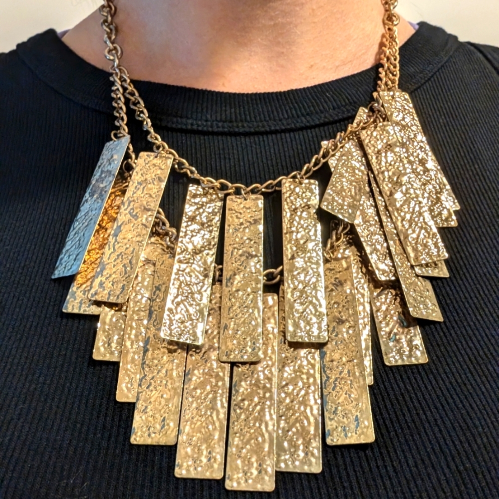 Gold Tone Statement Bib Necklace with 2 layers